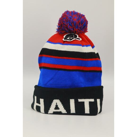 New League Other - New League Haiti Beanie Hat Winter Knit Pom Pom Cap Fleece Lined Red Blue Stripe